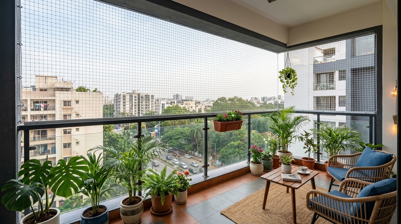 Balcony with professionally installed safety nets